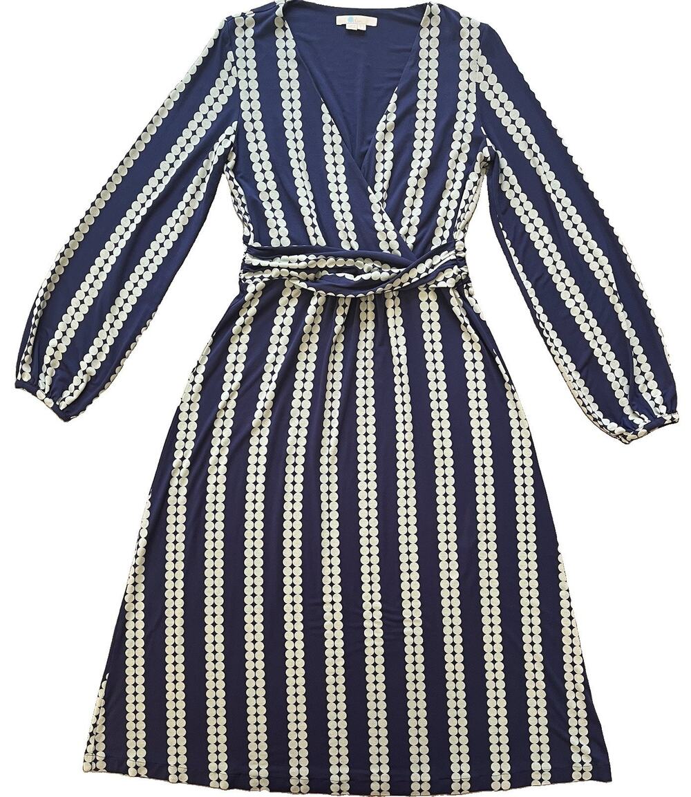 Boden Hayden Jersey Midi Dress Navy Blue Gray Stripe Dot Print Size US 8 - Picture 1 of 12